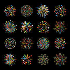 Firework different shapes colorful festive vector.