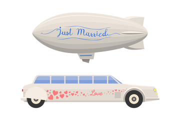 Wedding limousine and airship transport vector illustration.