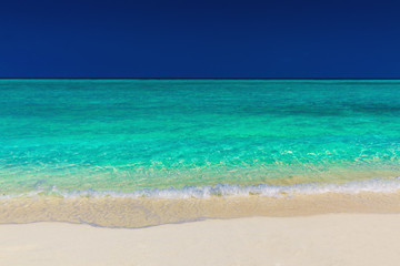 Fototapeta na wymiar Vibrant green tropical sea, sand and blue sky