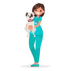 Profession veterinarian. Woman vet holds a dog on an isolated background