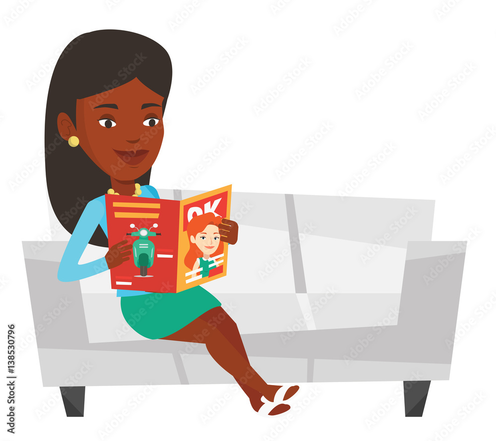 Sticker woman reading magazine on sofa vector illustration