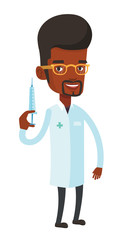 Doctor holding syringe vector illustration.