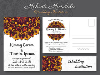 Classic vintage wedding invitation card design with beautiful Mandala flower, suitable for both traditional and modern trend. Save the date and RSVP postcard template.Vector illustration
