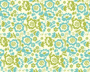 Retro style summer flower seamless pattern in pastel color. Floral folk style simple design for greeting cards, fabrick, background, wrapping paper. Stylish floral card in bright colors.