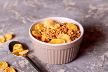 healthy breakfast, granola and corn flakes