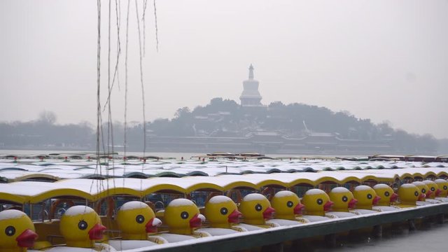 yellow-duck cruise boats on lake, covered with snow , in Beihai Park, Beijing,China