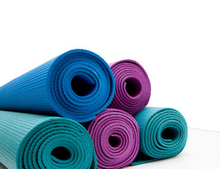 Background for banner. Yoga mat isolated on white background. copyspace