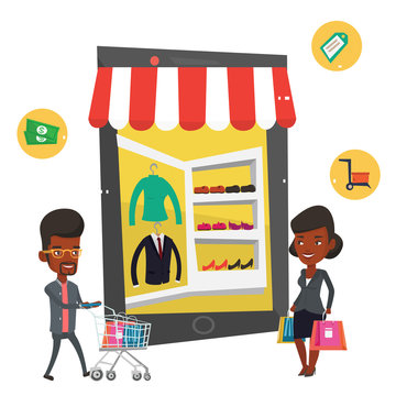 African man and woman using mobile shopping.