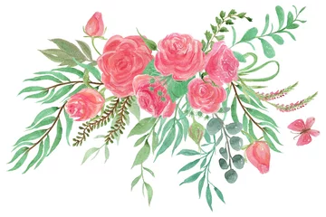 Gordijnen Colorful floral collection with leaves and england rose flowers, drawing watercolor. Design for invitation, wedding or greeting cards © ramiia