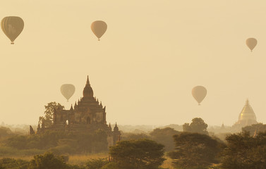 Balloons flying over Bagan at sunrise 