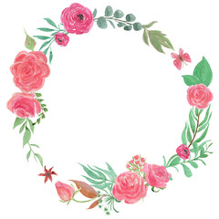 Colorful floral collection with leaves and england rose flowers, drawing watercolor. Design for invitation, wedding or greeting cards