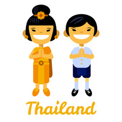 Thailand, Asian children, thai girl and boy, cartoon characters in traditional costume on white background. Vector illustration flat design