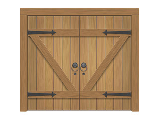 Fototapeta premium Old wooden massive closed gate. Double door with iron handles and hinges.
