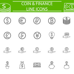 Coins line pictograms package, finance symbols collection, business vector sketches, logo illustrations, economy linear icon set isolated on white background, eps 10.