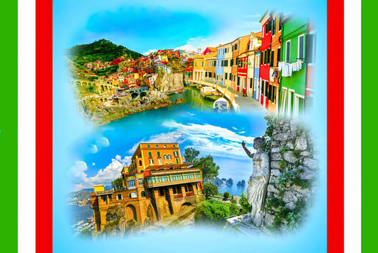 Collage from photos of Italy on blue background