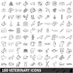100 veterinary icons set, outline style