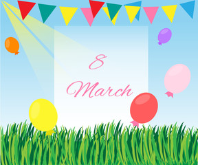 8 march card with grass and blue sky