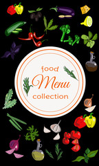 Vertical vegetable menu with hand drawn ingredients. Restaurant menu design.