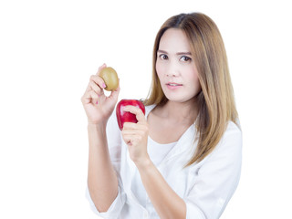 Asian Woman in white shirt smiling, holding Apple and kiwi, isolated on white background. Healthy Food concept.