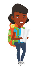 Traveler with backpack looking at map.