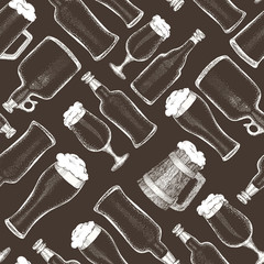 seamless vector pattern with beer bottle, beer mug, cup, glass.