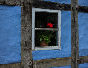 The flowers in window of an old farmhouse