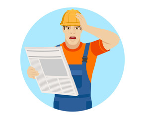 Builder with newspaper grabbed his head