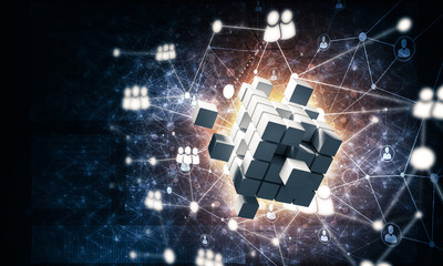 Concept of Internet and networking with digital cube figure on d