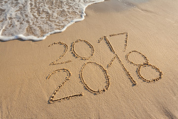 2017 and 2018 on sunny beach at sunset