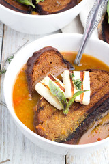 soup with bread and syromna white background