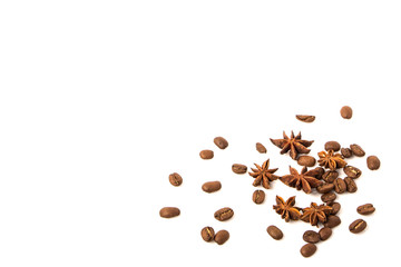Coffee beans and spices scattered on white, food photo