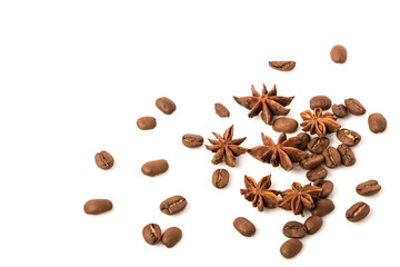 Coffee beans and spices scattered on white, food photo