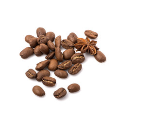 Coffee beans and spices scattered on white, food photo