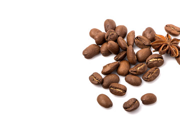 Coffee beans and spices scattered on white, food photo