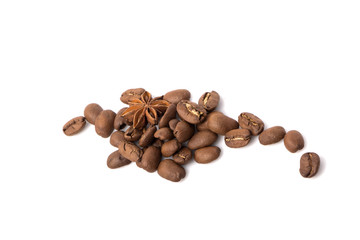 Coffee beans and spices scattered on white, food photo