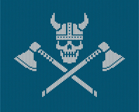 Knitted logo - Viking skull  in a horned helmet and crossed axes. Vector illustration.