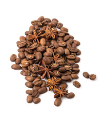 Coffee beans and spices scattered on white, food photo