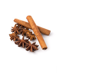 Fragrant anise and cinnamon isolated on white background