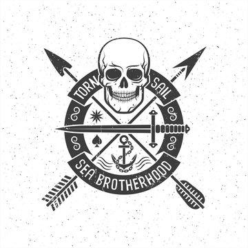 Hipster retro logo with a pirate skull, arrows, round banner and anchor. Grunge texture on separate layers and can be easily disabled.