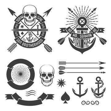 Marine hipster tattoo emblem with skull, arrows, anchor, ribbon and inscription. As well as separate elements for design. Vector illustration.