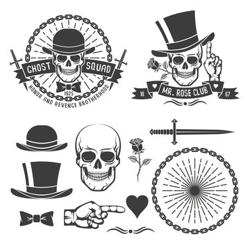 Hipster retro gangster emblem with a skull in an old hat with daggers, rose, chains and ribbons. As well as some vintage design elements. Vector illustration.
