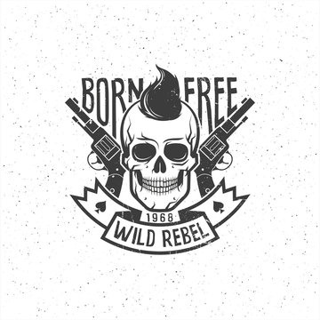Rebel skull with pistols and hipster haircut - retro logo tattoo. Grunge texture on separate layers and can be easily disabled.