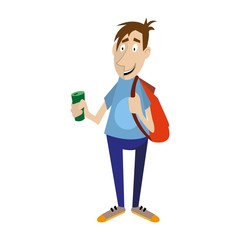 young man holds in his hand a bottle of drink. vector illustration, character