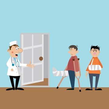 patients on reception to the doctor. the doctor the traumatologist accepts visitors. vector illustration