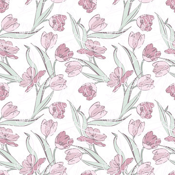 Tulips seamless pattern. Raster background.