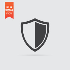 Shield icon in flat style isolated on grey background.