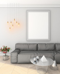 mock up poster on the wall in the modern interior with sofa. loft. 3D render