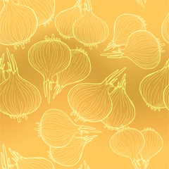 Onion hand drawn vector seamless pattern on blurred waved background. Farm market product. Full, rings and Half cutout slice. Detailed vegetarian food drawing.