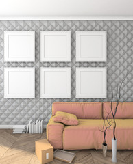 mock up posters on the wall in the modern interior with sofa. loft. 3D render