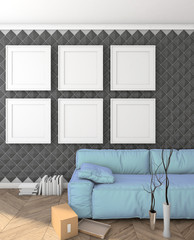 mock up posters on the wall in the modern interior with sofa. loft. 3D render